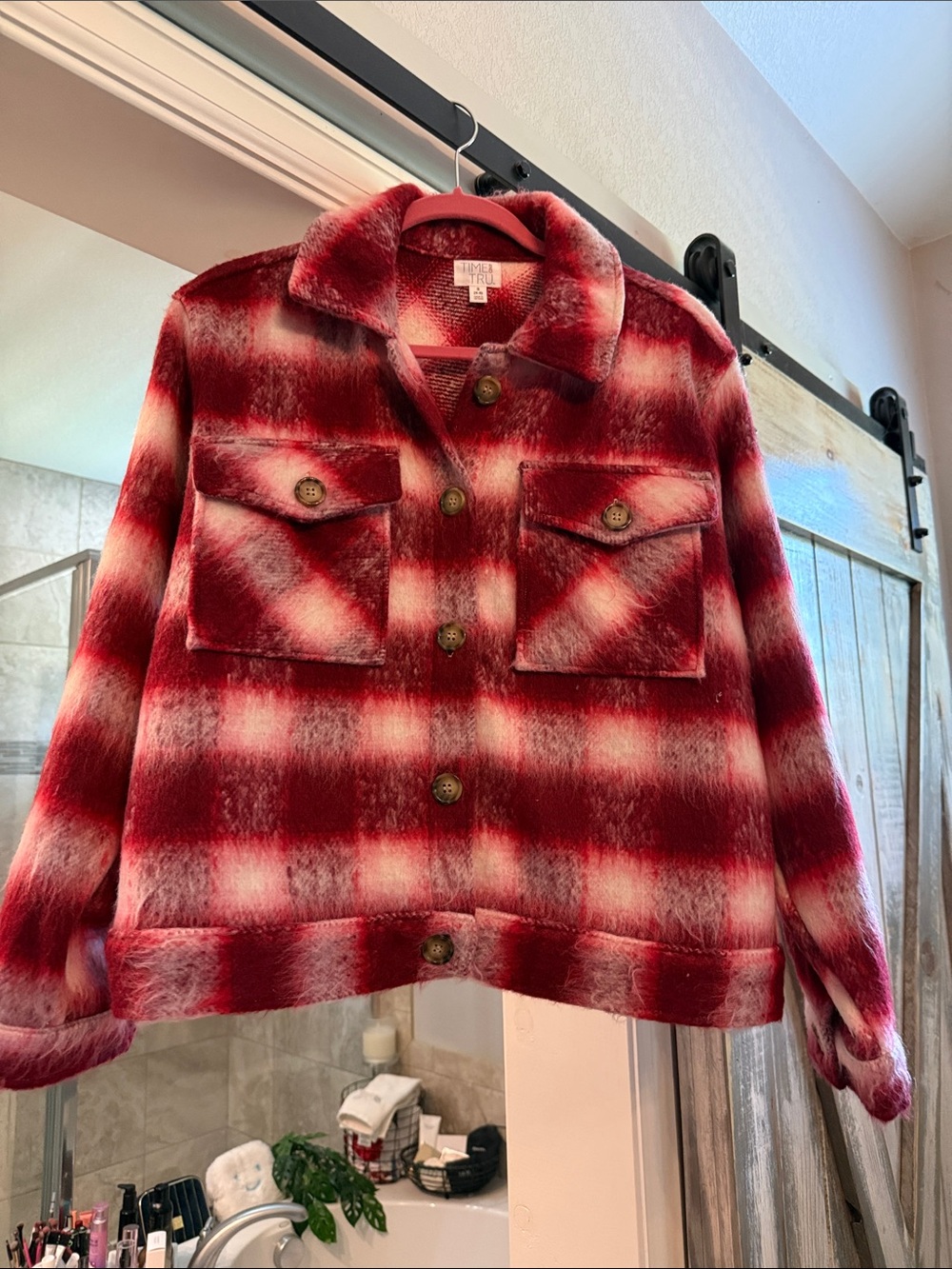 Time and Tru Red and White Plaid Teddy Jacket